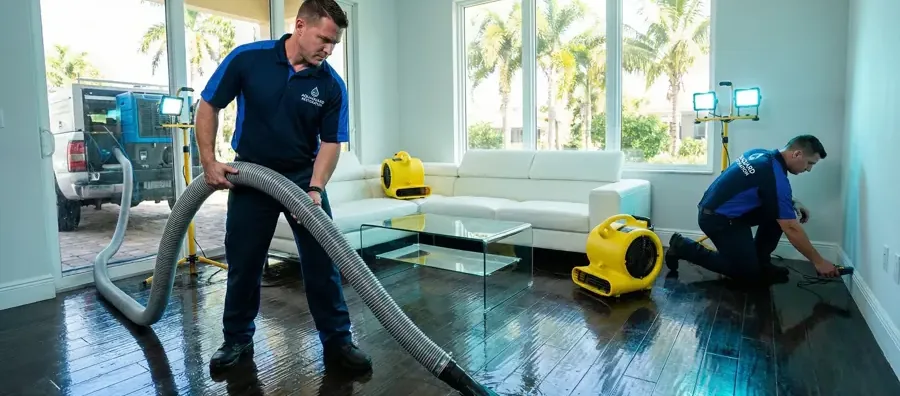 Restoration technician running an extraction wand across a soaked floor inside a water-damaged home