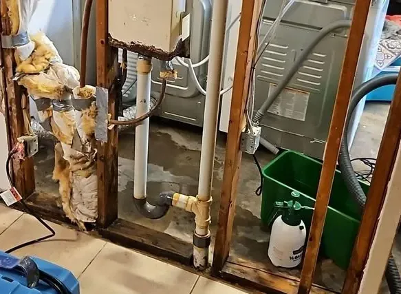 Laundry room wall stripped to the studs around a supply pipe that burst