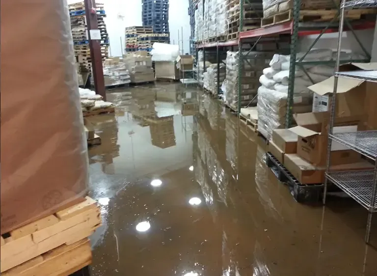 Standing water spread across a warehouse floor between pallet racks