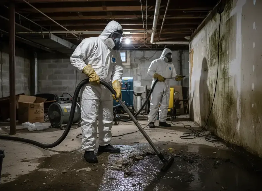Workers in protective suits pulling a sewage backup out of a lower-level room