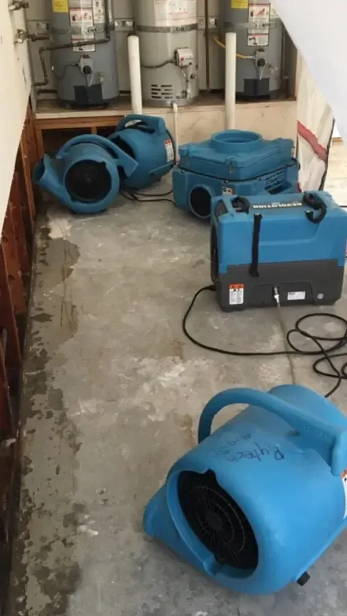 Air movers and dehumidifiers running together to dry out a room