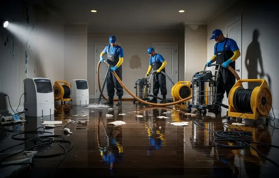 Crew pulling water off a flooded floor with hoses and pumps while drying units wait nearby