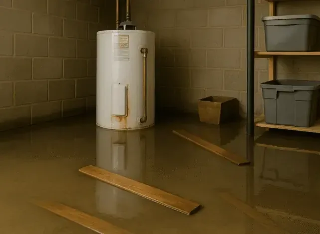 Tank water heater sitting in water that spread across a storage room